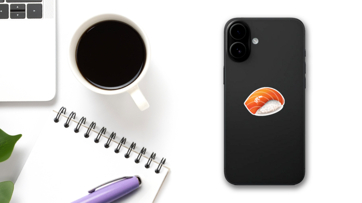 Realistic Japanese Cuisine, Salmon Sushi Sticker on a Phone (New) example