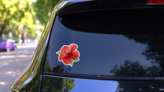 Realistic Red Hibiscus Flower With Green Leaves Sticker on a Rear Car Window (New) example