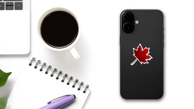 Realistic Red Maple Leaf Sticker on a Phone (New) example