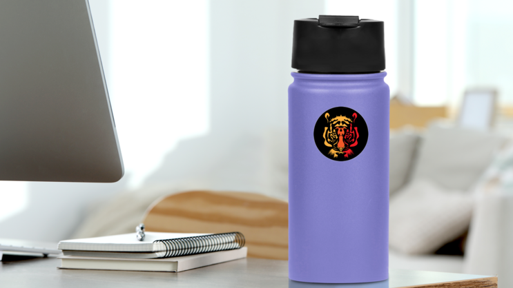 Red and Yellow Tiger Head Sticker on a Water Bottle (New) example