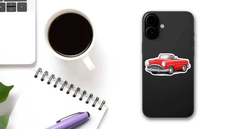 Red Cartoon Convertible Car Sticker on a Phone (New) example