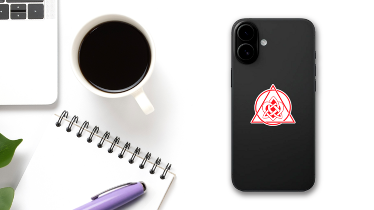 Red Celtic Heart Knot In Circle And Triangle Sticker on a Phone (New) example