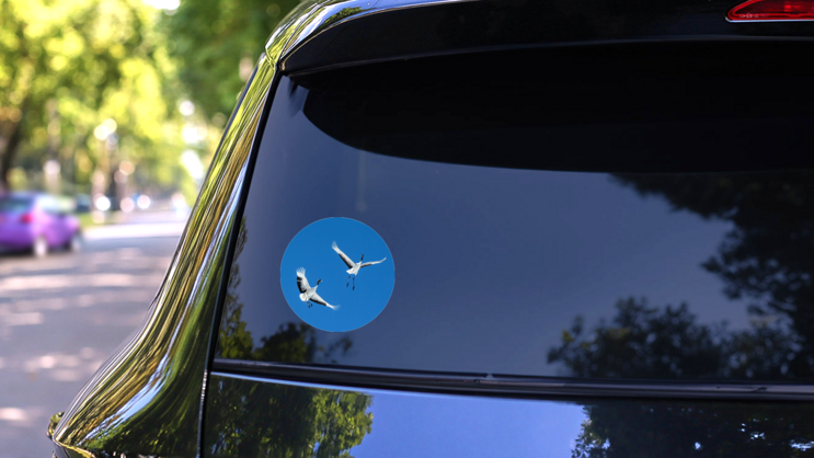 Red Crowned Cranes (grus Japonensis) In Flight On Blue Sky Sticker on a Rear Car Window (New) example