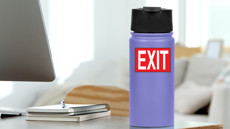 Red Exit Sticker on a Water Bottle (New) example