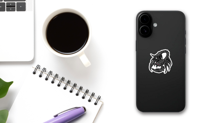 Red Eyed Black Scorpion Monster Sticker on a Phone (New) example