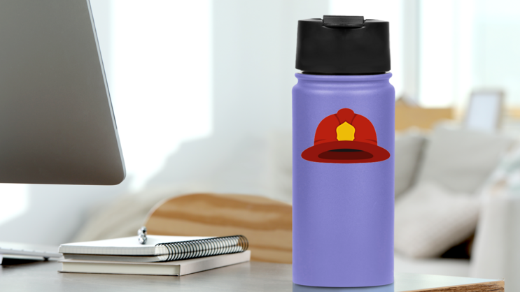 Red Fireman Helmet Icon Sticker on a Water Bottle (New) example