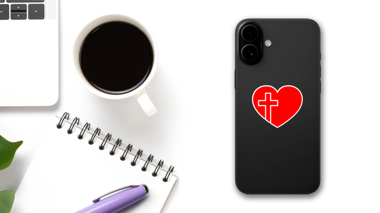 Red Heart With Christian Cross Sticker on a Phone (New) example