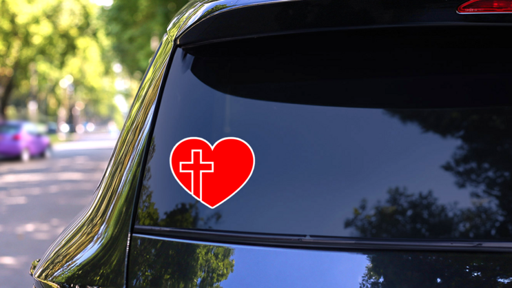 Red Heart With Christian Cross Sticker on a Rear Car Window (New) example