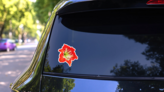Red Hibiscus Flower Photo Sticker on a Rear Car Window (New) example