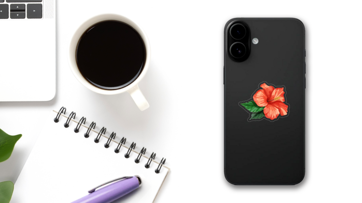 Red Hibiscus Flower Sticker on a Phone (New) example