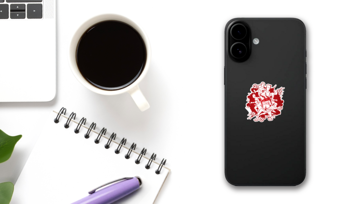 Red Paint Splatter Soccer Composition Sticker on a Phone (New) example
