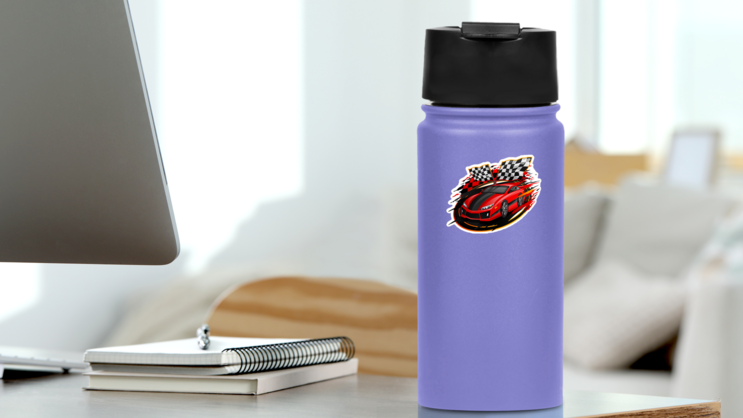Red Racing Car Finish Line Sticker on a Water Bottle (New) example