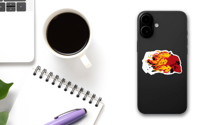 Red Skull on Fire Sticker on a Phone (New) example