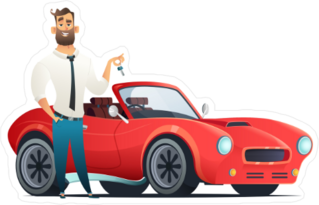 Red Sports Car and Salesman Sticker