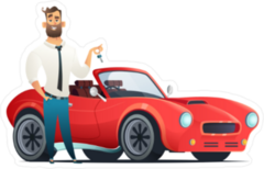 Red Sports Car and Salesman Sticker