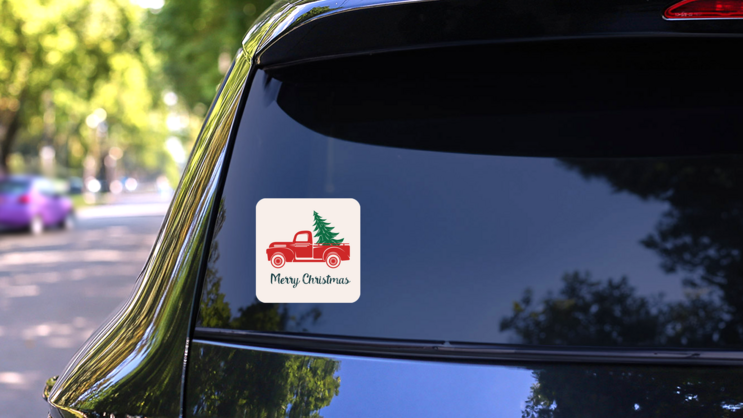 Red Truck With A Christmas Tree Sticker on a Rear Car Window (New) example