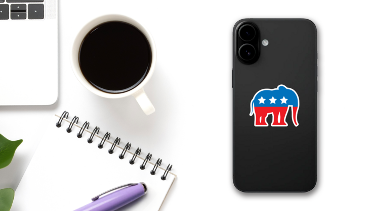 Red White and Blue Republican Elephant Sticker on a Phone (New) example