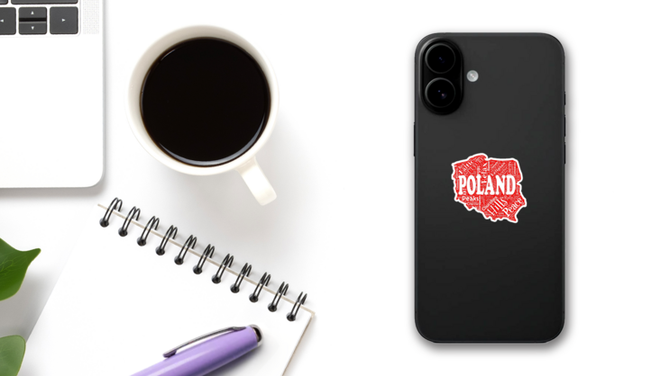 Red Word Cloud Poland Map Sticker on a Phone (New) example