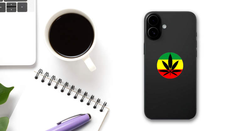 Reggae Music Marijuana Jamaica Sticker on a Phone (New) example