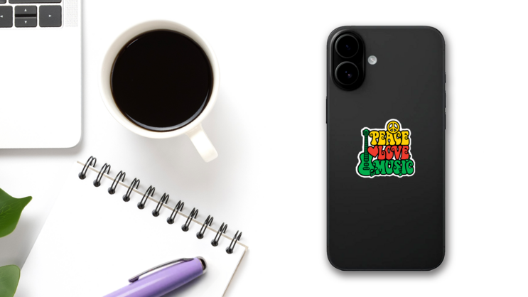 Reggae Peace Love Music Sticker on a Phone (New) example