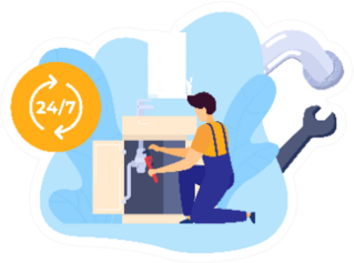 Repair Worker Plumber With Tools Fixes Tubing In Kitchen Sticker