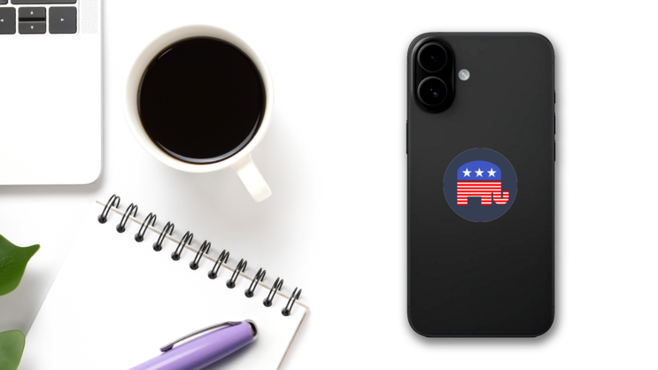 Republican Elephant Circle Sticker on a Phone (New) example