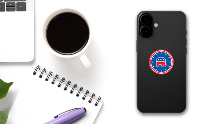 Republican Party Elephant Printed Circle Sticker on a Phone (New) example