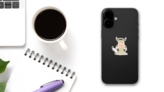 Retro Cartoon Cow Sitting Sticker on a Phone (New) example