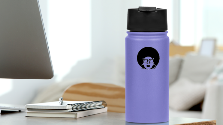 Retro Disco Woman 70s Hairstyle Sticker on a Water Bottle (New) example