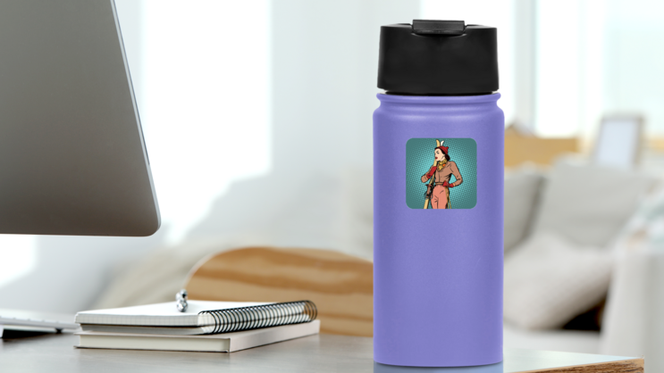 Retro Girl Skier Sticker on a Water Bottle (New) example