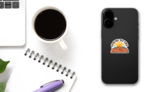 Retro Going To Mountains Travel Sticker on a Phone (New) example