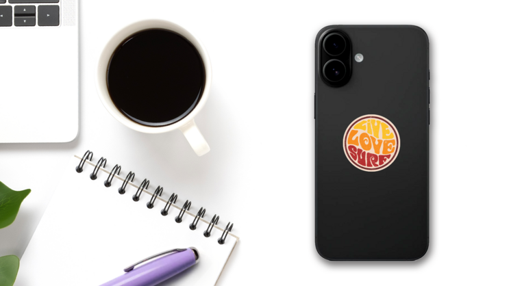 Retro Live Love Surf Circle Sticker on a Phone (New) example