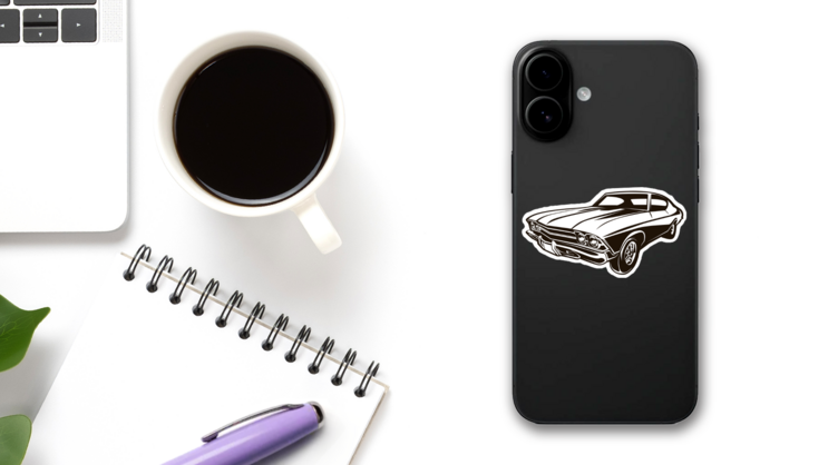 Retro Muscle Car Illustration Sticker on a Phone (New) example