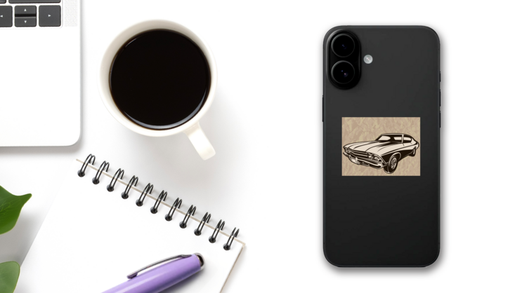 Retro Muscle Car Wrinkled Paper Sticker on a Phone (New) example