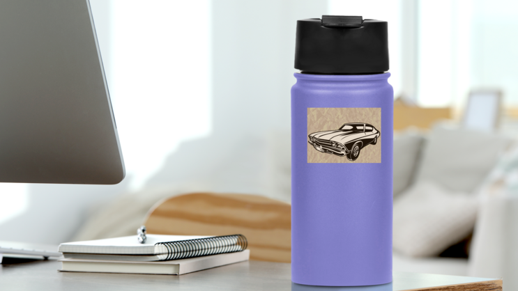 Retro Muscle Car Wrinkled Paper Sticker on a Water Bottle (New) example