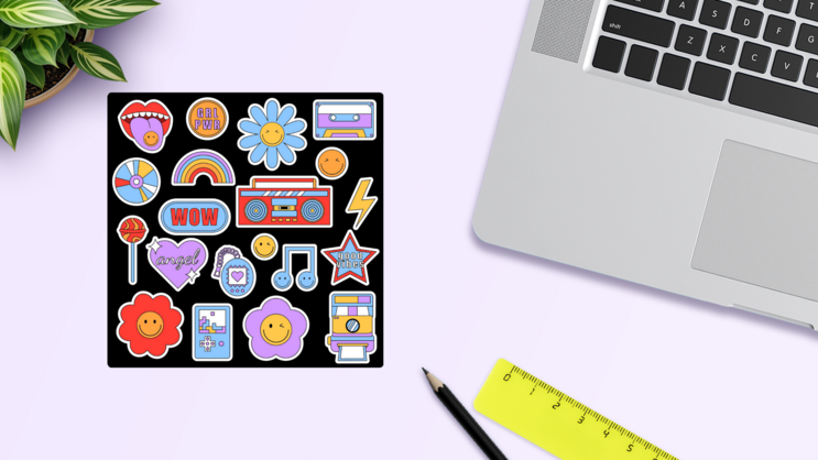Retro Music Sticker Sheet on a Desk (New) example
