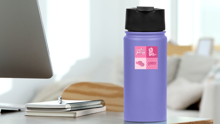 Retro Pink Cowgirl Square Sticker on a Water Bottle (New) example