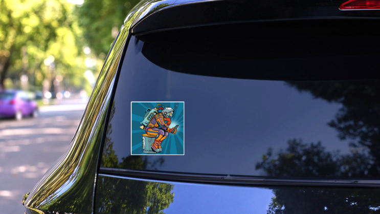 Retro Robot Astronaut In The Thinker Sticker on a Rear Car Window (New) example