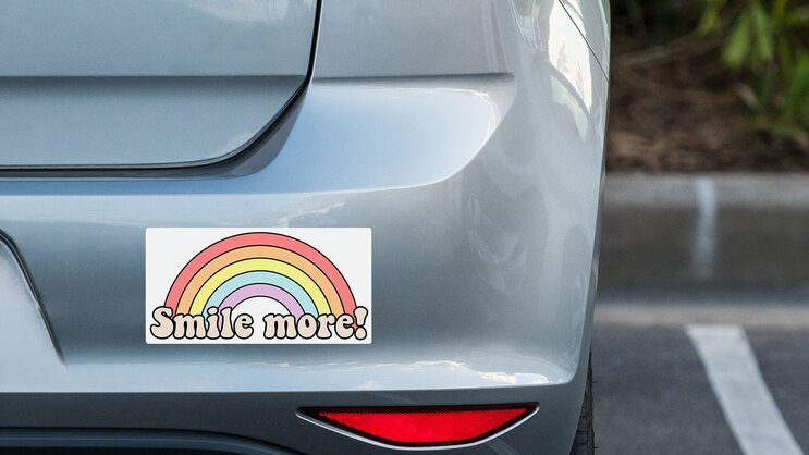 Retro Smile More Bumper Sticker on a Grey Car Bumper example