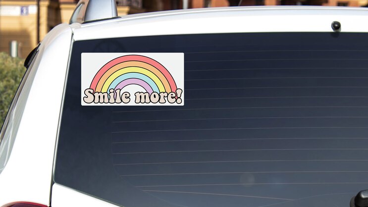 Retro Smile More Bumper Sticker on a White Car Rear Window example