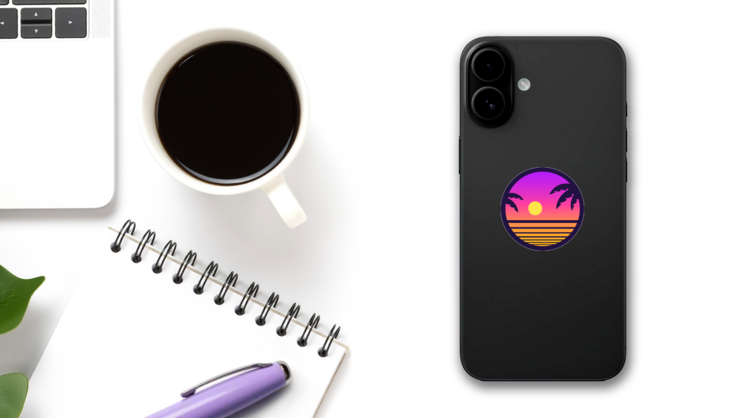 Retro Sunset With Palm Trees Sticker on a Phone (New) example