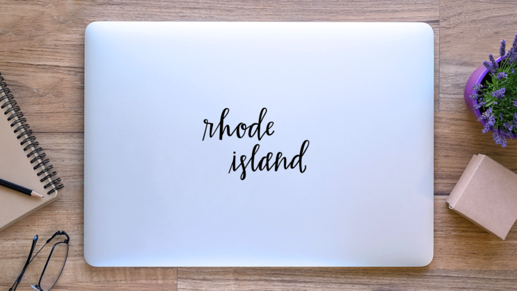 Rhode Island Script Text Sticker on a Laptop (New) example