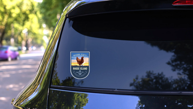 Rhode Island State Emblem with Chicken Sticker on a Rear Car Window (New) example