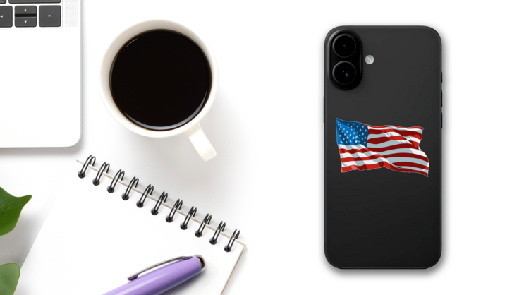 Rippling USA Flag Sticker on a Phone (New) example