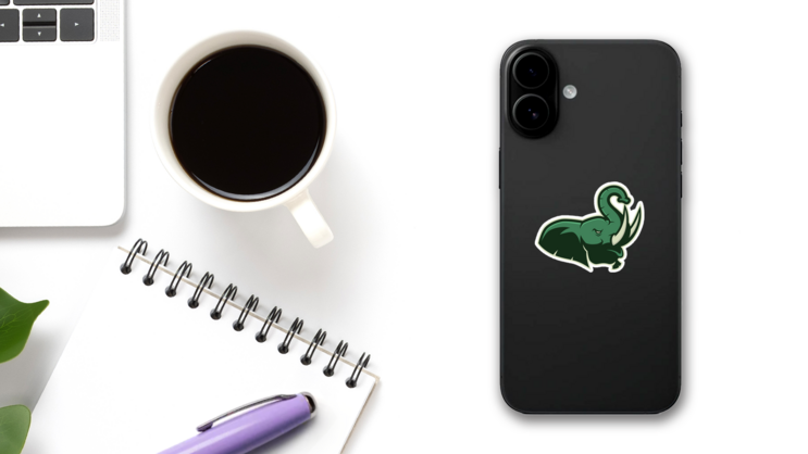 Roaring Elephant Head Sports Mascot Sticker on a Phone (New) example