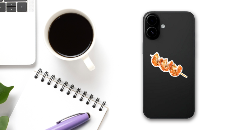Roasted Peeled Prawn With Skewer Sticker on a Phone (New) example