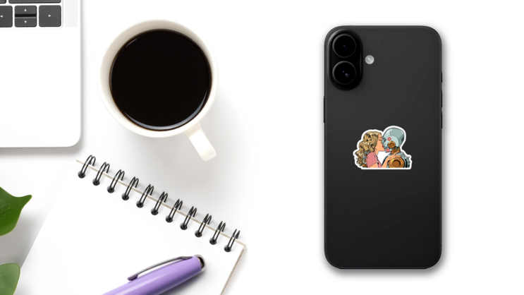 Robot Kissing Girl Sticker on a Phone (New) example