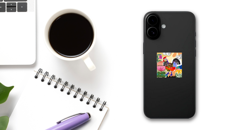 Rooster Colorful Line Art Sticker on a Phone (New) example