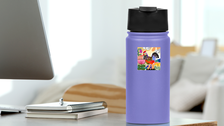 Rooster Colorful Line Art Sticker on a Water Bottle (New) example