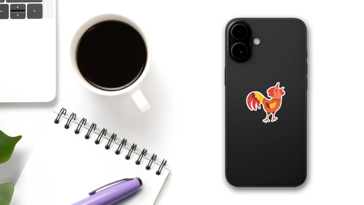 Rooster Crowing Cartoon Sticker on a Phone (New) example